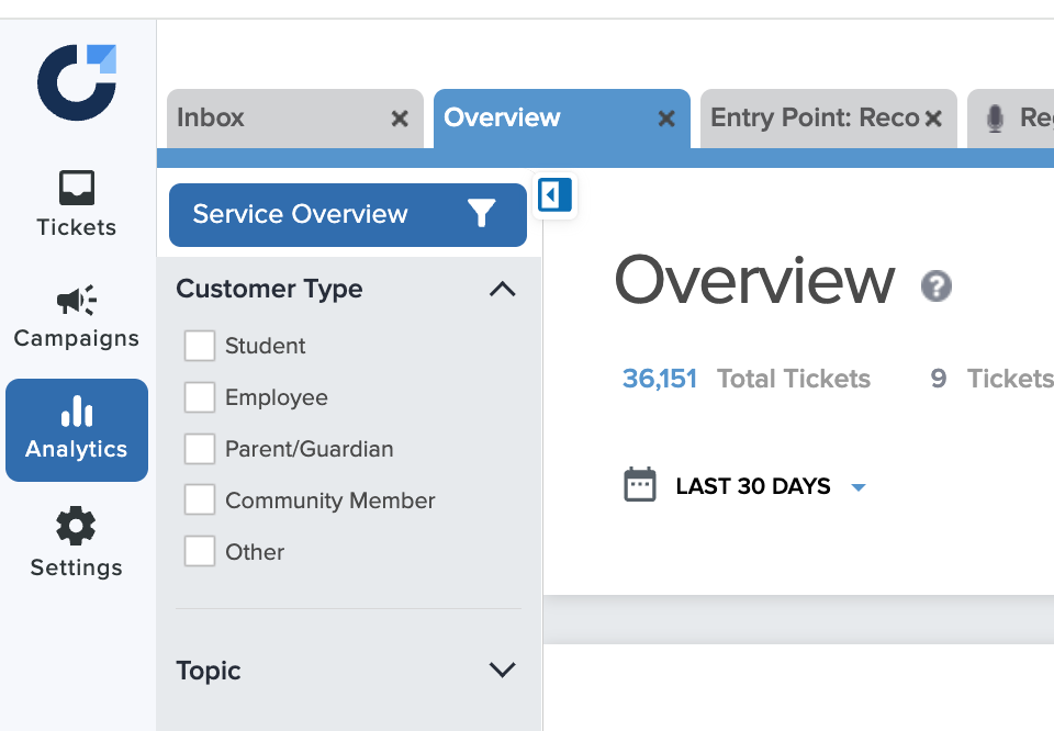 Filter panel showing Customer Type options in the Onflo dashboard