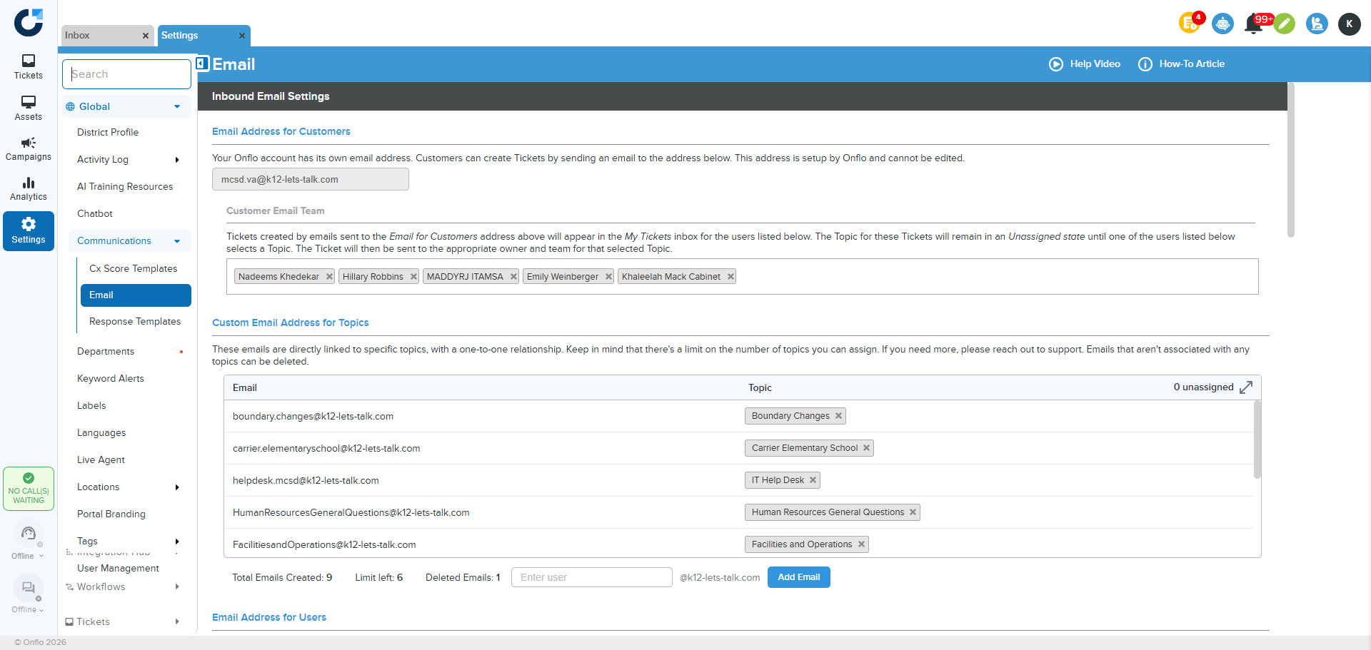 Email settings screen in Onflo
